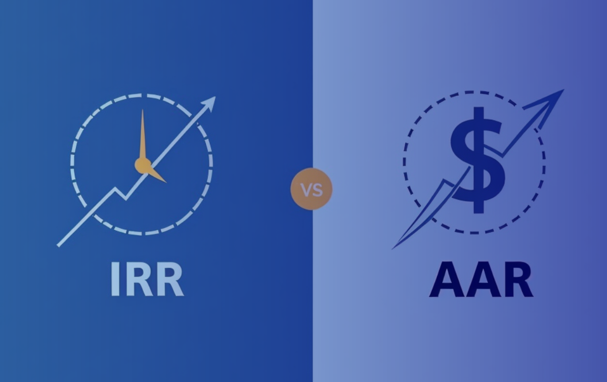 The image shows a comparison between IRR (Internal Rate of Return) and AAR (Average Annual Return). On the left side, a clock icon with an upward arrow represents IRR, symbolizing time-sensitive growth. On the right side, a dollar sign icon with an upward arrow represents AAR, symbolizing monetary growth. The image is divided into two sections with a "VS" in the center, highlighting the comparison between these two financial metrics. The color scheme is composed of different shades of blue.