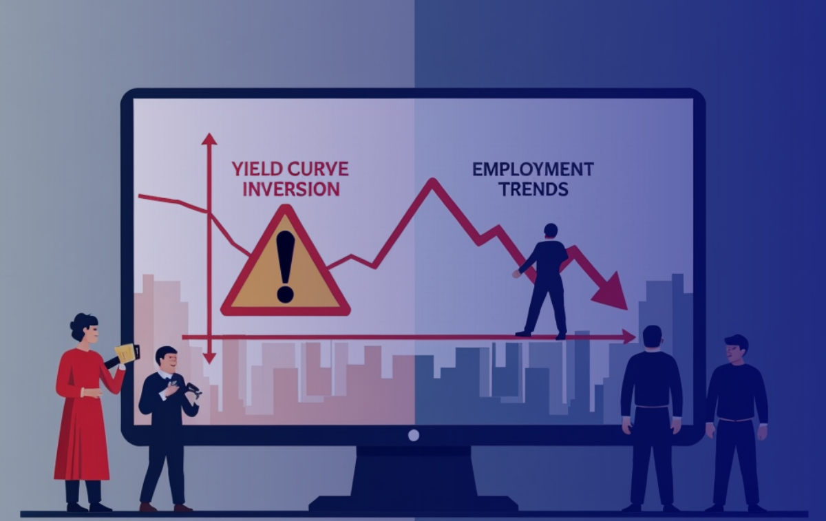 The image shows a split-screen concept illustrating the relationship between yield curve inversion and employment trends. On the left side, a warning sign with a downward-sloping graph represents the yield curve inversion, indicating economic caution. On the right side, a declining graph with a silhouette of a person walking along the trend line symbolizes employment trends. The background is a gradient of muted blue and gray tones, with a cityscape silhouette at the bottom, emphasizing the serious and analytical nature of the content. Small figures of people are seen around the screen, representing individuals analyzing or discussing the economic indicators.