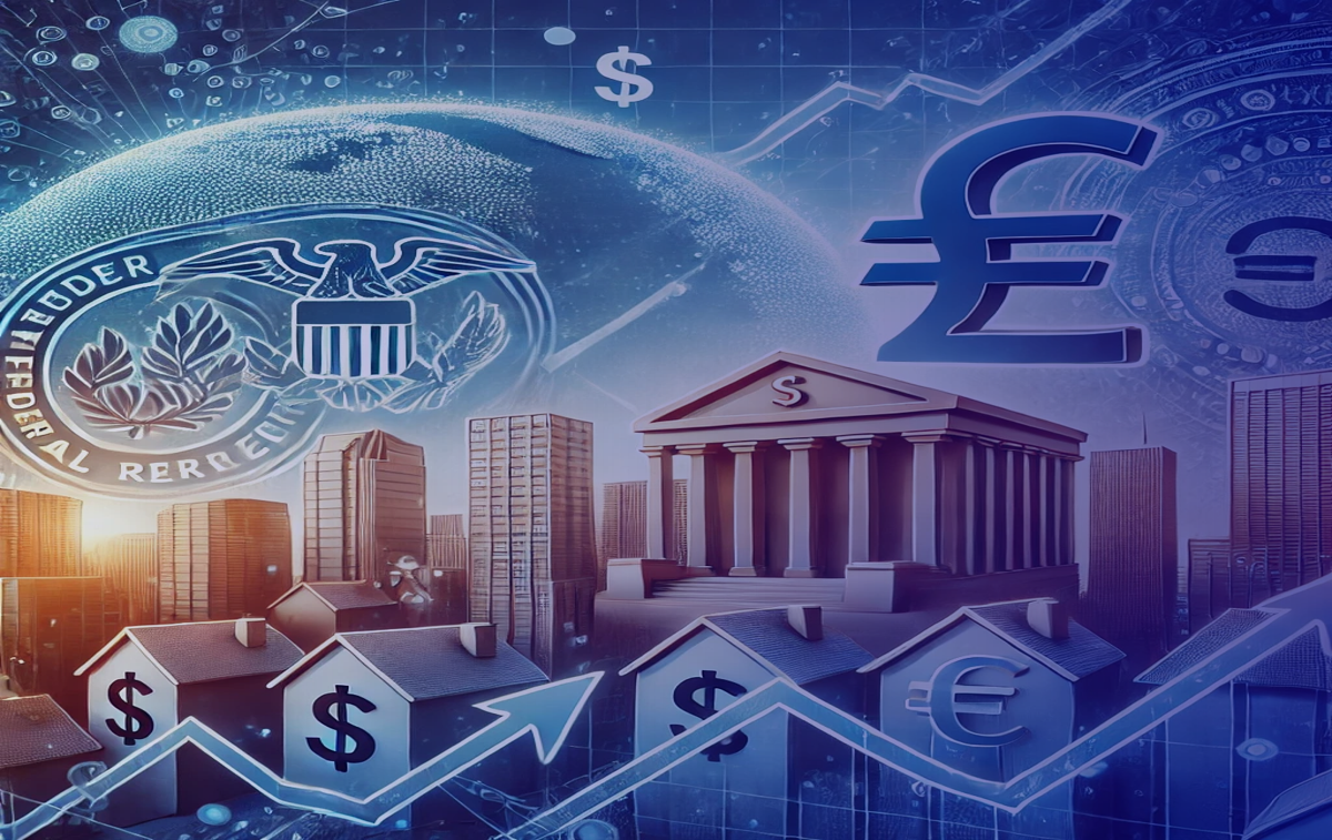 An illustration comparing the Federal Reserve and European Central Bank (ECB) interest rates and their impact on the US real estate market. The image features a divided scene with symbols representing the Federal Reserve (a US dollar sign and the Fed building) on one side and the ECB (a euro sign and the ECB building) on the other. The US real estate market is depicted with buildings and houses, while fluctuating graphs or arrows indicate the effects of interest rate changes. The background includes a subtle global map highlighting the US and Europe.